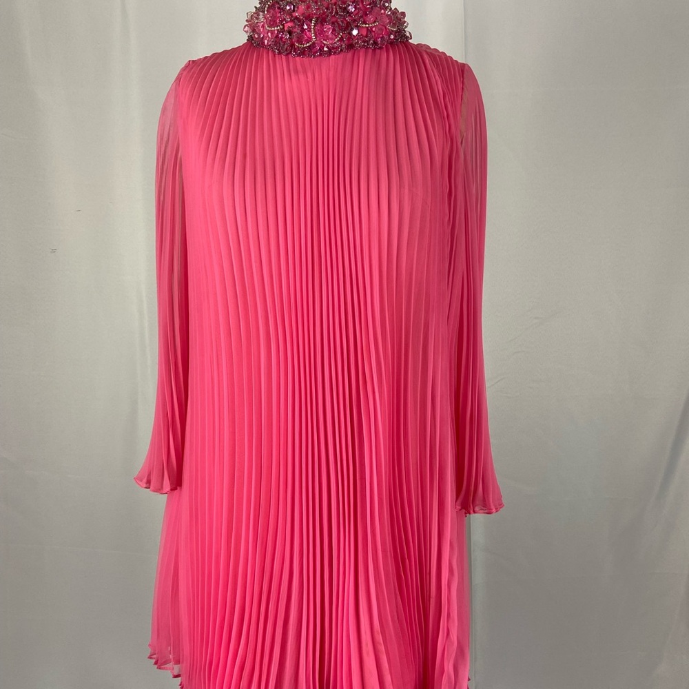 Michele Dorian Vintage Hot Pink Pleated Chiffon Dress with Embellished Neckline